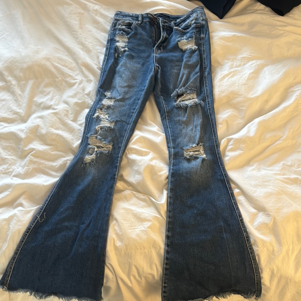 Distressed Flare Jeans - Blue